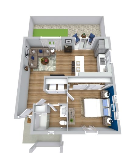 a 3d rendering of a two bedroom apartment at The VLux Trails