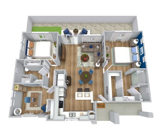 a 3d rendering of a two bedroom apartment at The VLux Trails