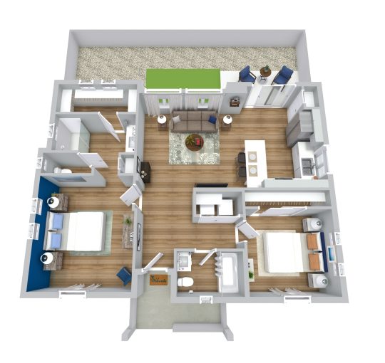 a 3d rendering of a two bedroom apartment at The VLux Trails